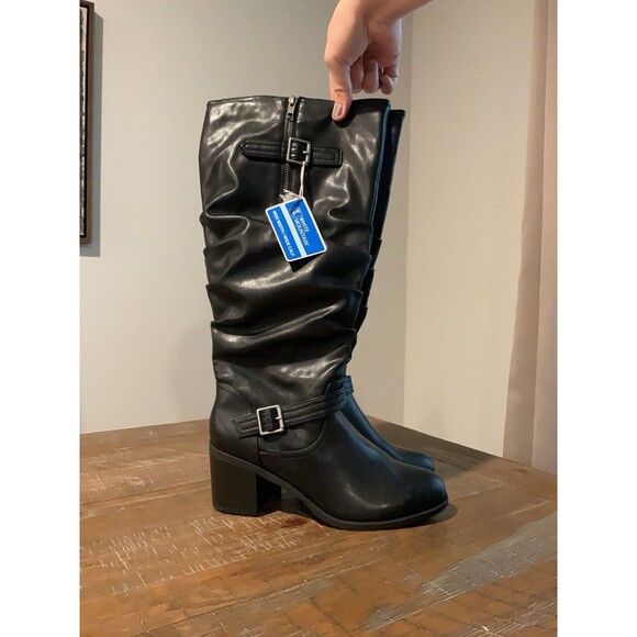 NWT White Mountain Black Slouch Boots 8.5 Wide Calf Women’s Heeled Boot Belted - Picture 2 of 11